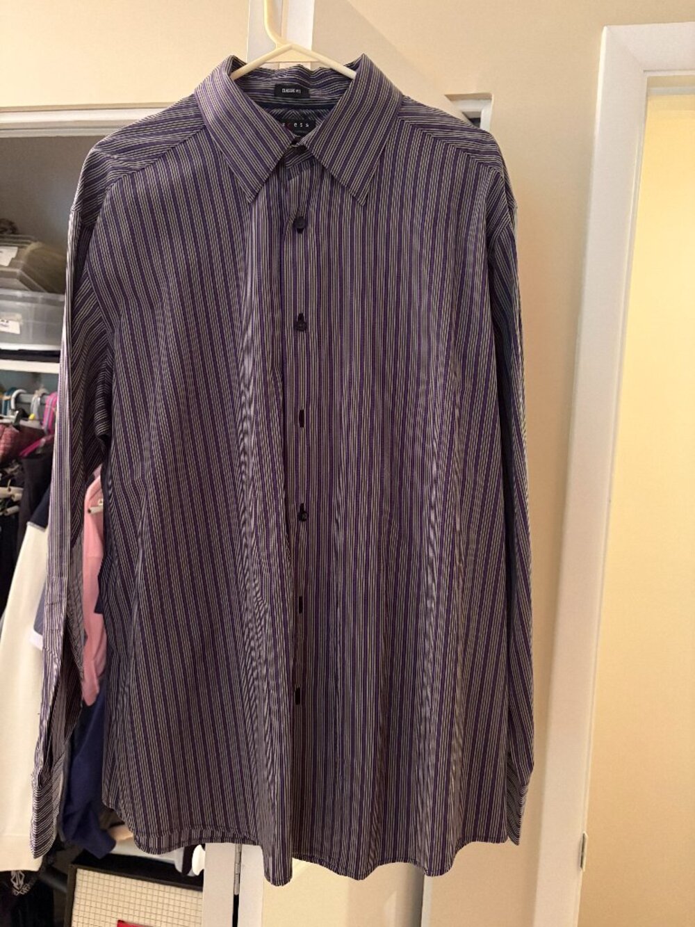 Mens Shirt. Size XL. Very Good condition. Plum, black, and gray striped.